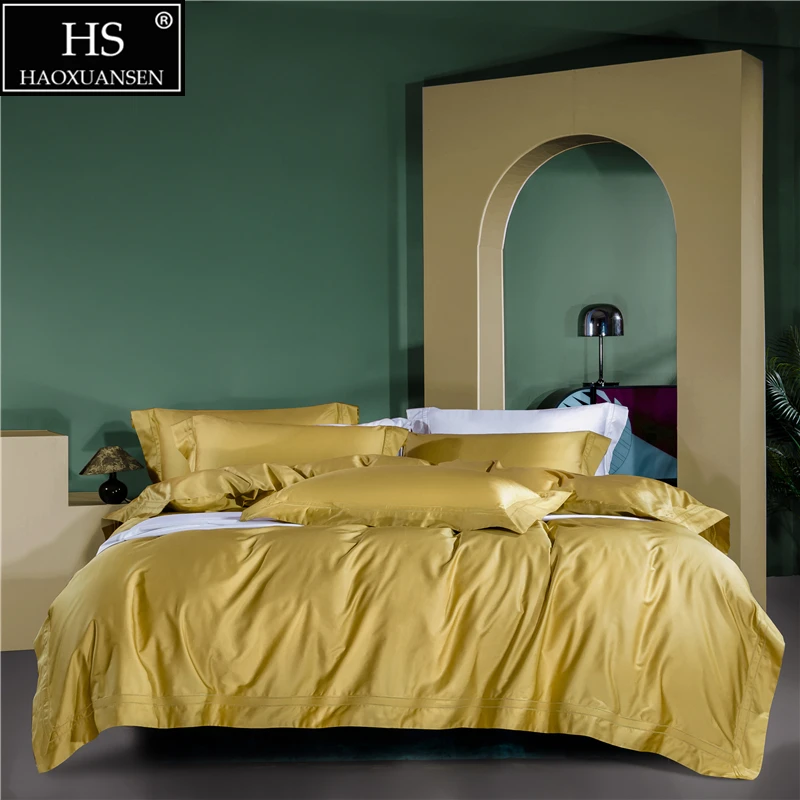 Royal Gold Double Row Hollow Out Wide Edge Design 4Pieces Bedding Sets Nordic Style Duvet Cover Cotton Bed Sheet Pillowcase