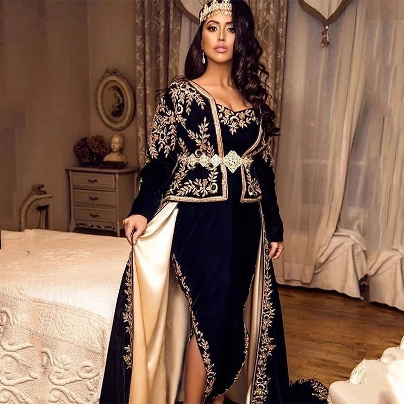 Navy Blue Moroccan Kaftan Caftan Muslim Evening Dresses Sheath Long Sleeves Appliques Dubai Arabic Abaya Islamic Gown Customized