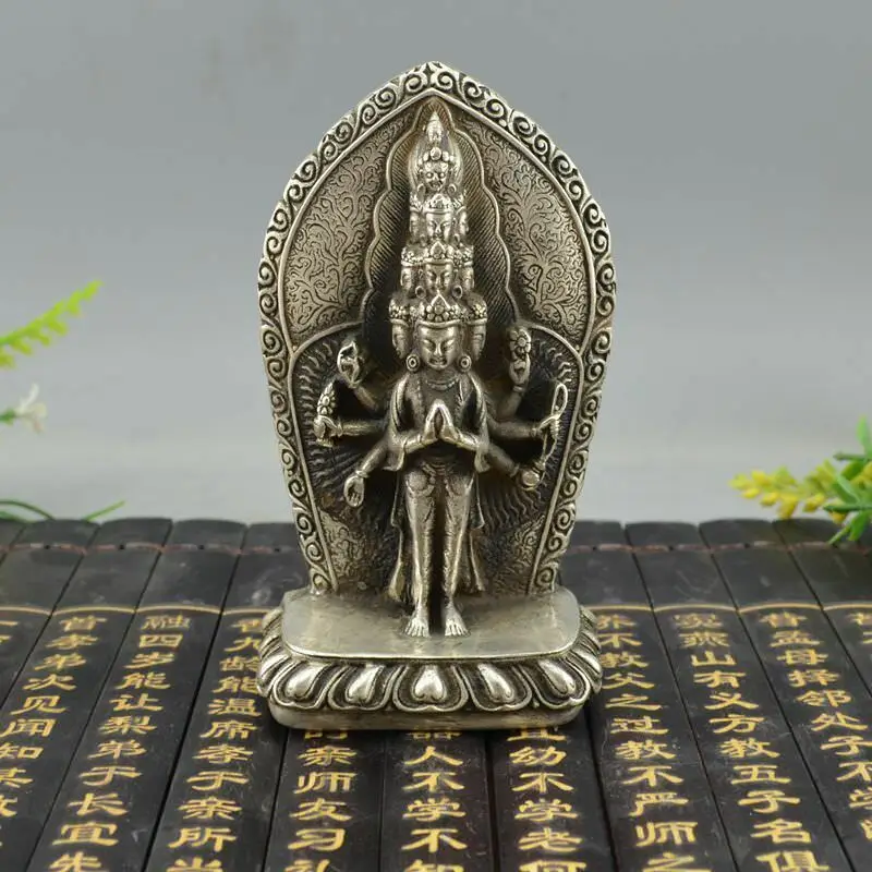 China Tibet Silver Kwan-yin Avalokitesvara Bodhisattva Buddha Statue