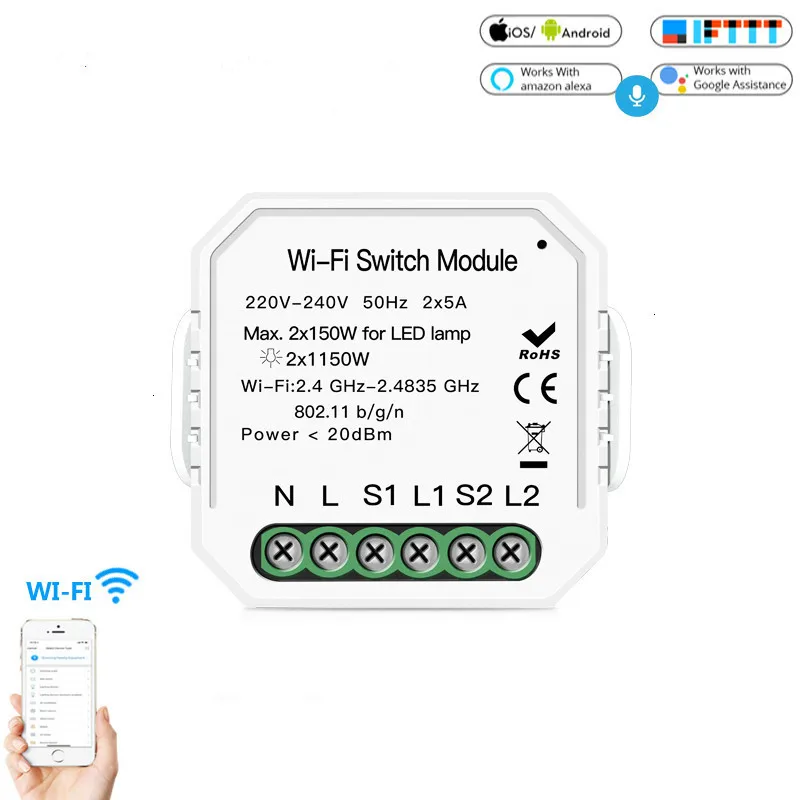 

2 Gang 2 Way Wifi Wall Smart Light Switch 220V 240V Diy Breaker Module APP Remote Control Work with Alexa Echo Google Home