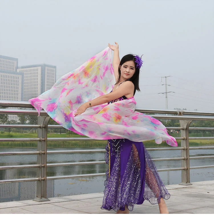 Wholesale art cheap belly dance silk veil 100% silk shawl scarf hand of pink belly dance veil in belly dance props