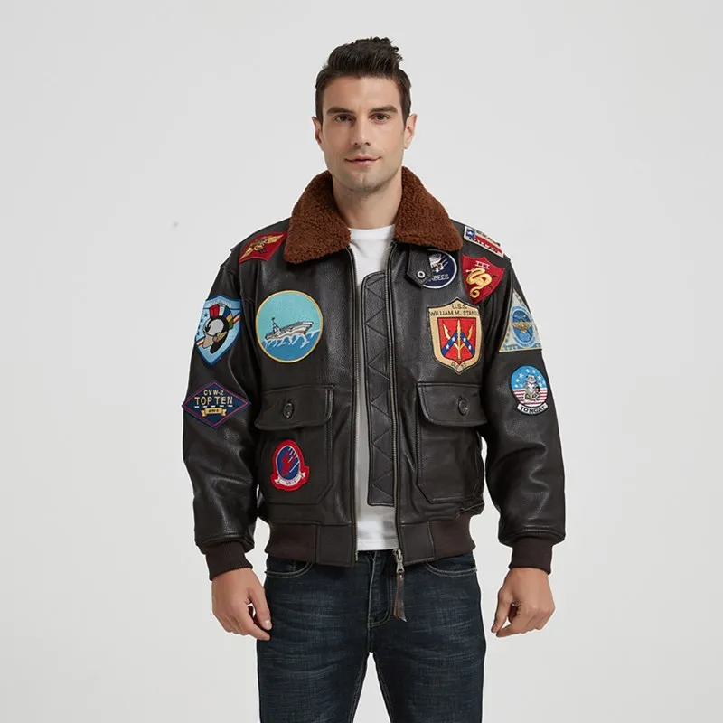 2022 Marrón Oscuro TOP GUN Chaqueta de Cuero de Piloto Hombres Cuello de Lana Genuino Grueso Natural Invierno Estilo Militar Abrigo de Aviación