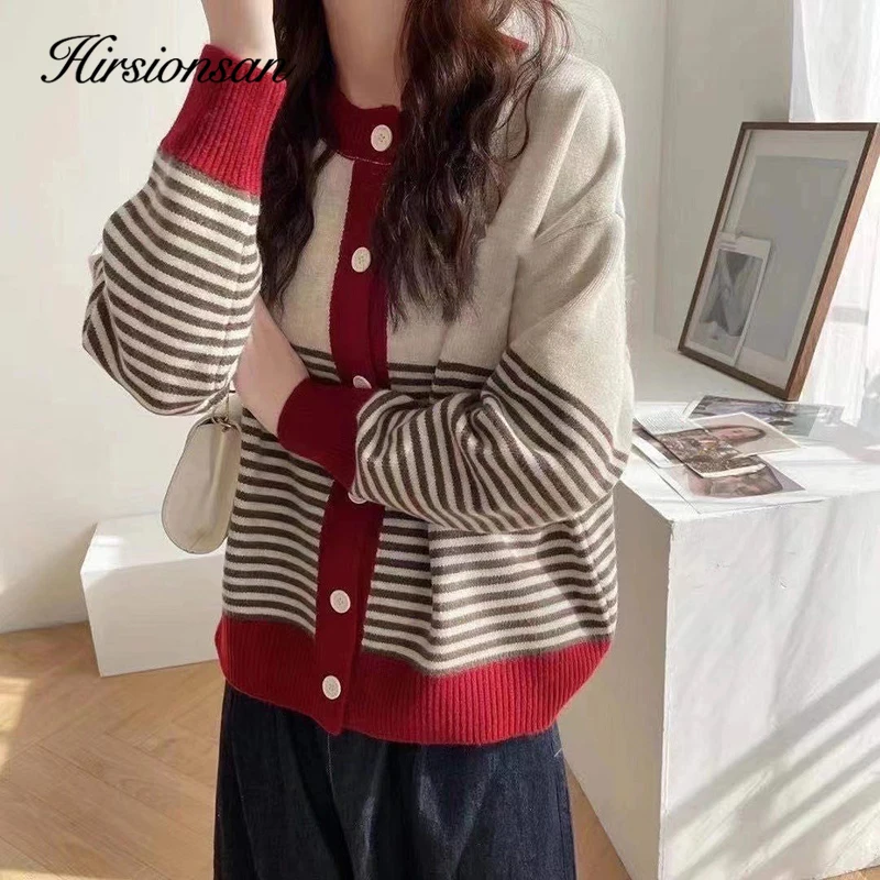 Hirsionsan Autumn Winter Striped Patchwork Knit Cardigans Women Single Breasted Vintage Korean Sweaters Female Cropped Cardigan