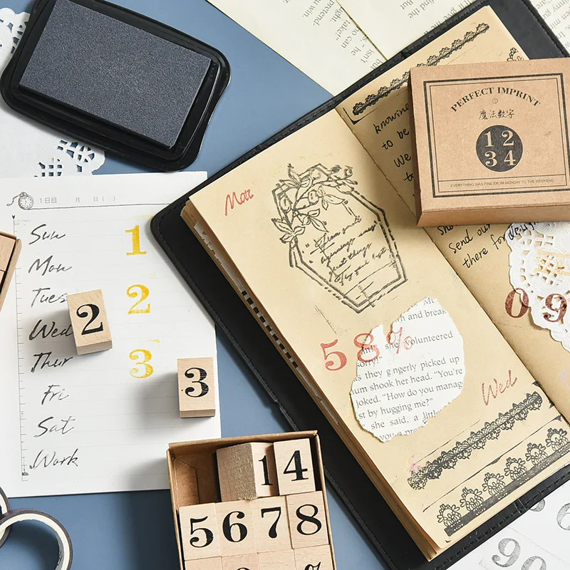 Decorative Wooden Rubber Number Stamp Set, Vintage for Card Making, DIY Craft, Dairy Scrapbooking, Week Months Number Design