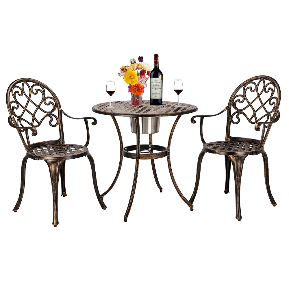 European Style Cast Aluminum Outdoor 3 Piece Patio Bistro Set of Table and Chairs with Ice Bucket Bronze  Outdoor Furniture Set