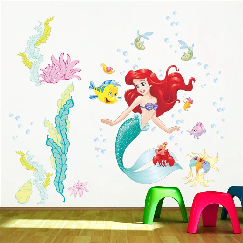 Cartoon princess Mermaid Ariel Princess  Fish Bubble Wall Stickers For Kids Room Home Decoration Diy Mural Art Girls Wall Decals