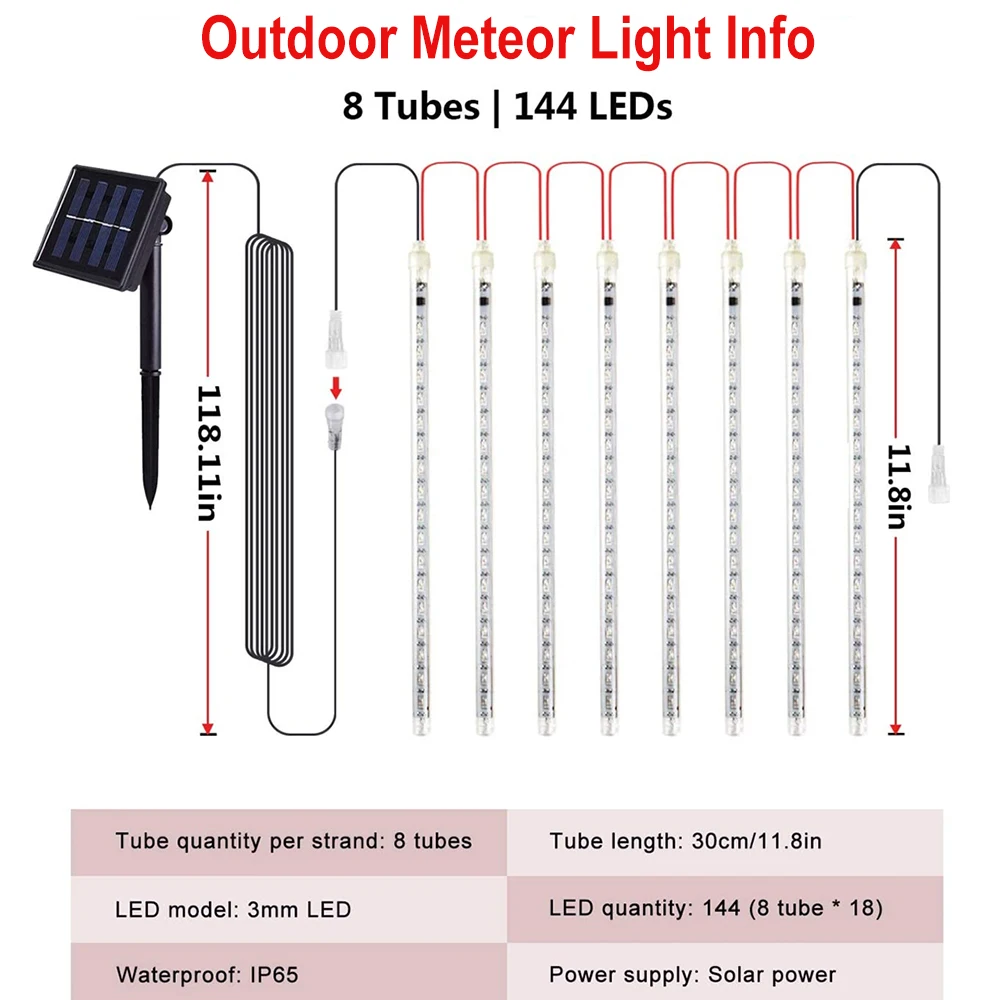 30/50cm 8 튜브 LED 유성우 스트링 라이트 태양열 야외 방수 요정 휴일 램프, 크리스마스 웨딩 홈 파티 장식