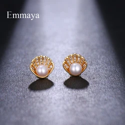 Emmaya Luxury Pearl Stud Earrings Women Gold color Trendy Shell Shaped Clear Zircon Jewelry for Wedding Party Crystal Brincos