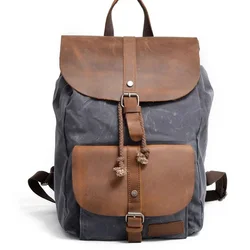 Fashion Waterproof Waxed Canvas Backpack Men Genuine Leather Ruckpack Travel Women Backpack Teenager Hiking Bagpack Knapsack