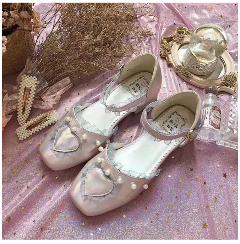 

vintage square head flat women shoes cute lace pearl kawaii shoes loli cosplay Sweet princess lolita shoes