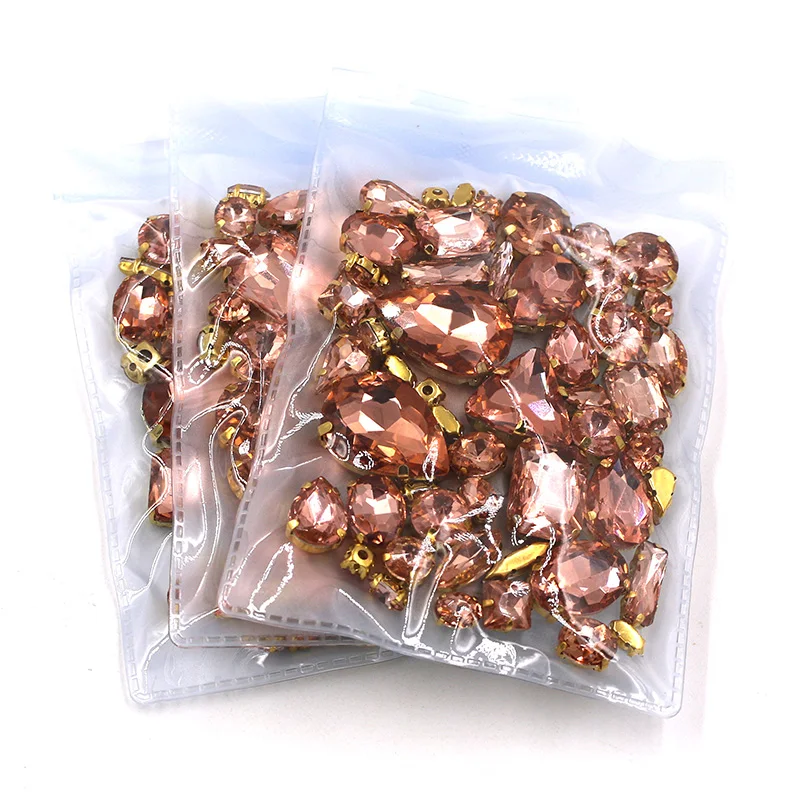 Best seller Wholesale 5 bags mixed shape sew on glass Water red gold base rhinestones diy dress/Clothing accessories