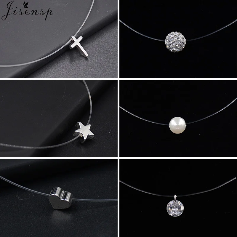 Nowa Modna Przezroczysta Żyłka Wędkarska Niewidoczny Naszyjnik dla Kobiet Prosta Imitacja Perły Kryształ Cyrkon Krzyż Choker Naszyjniki