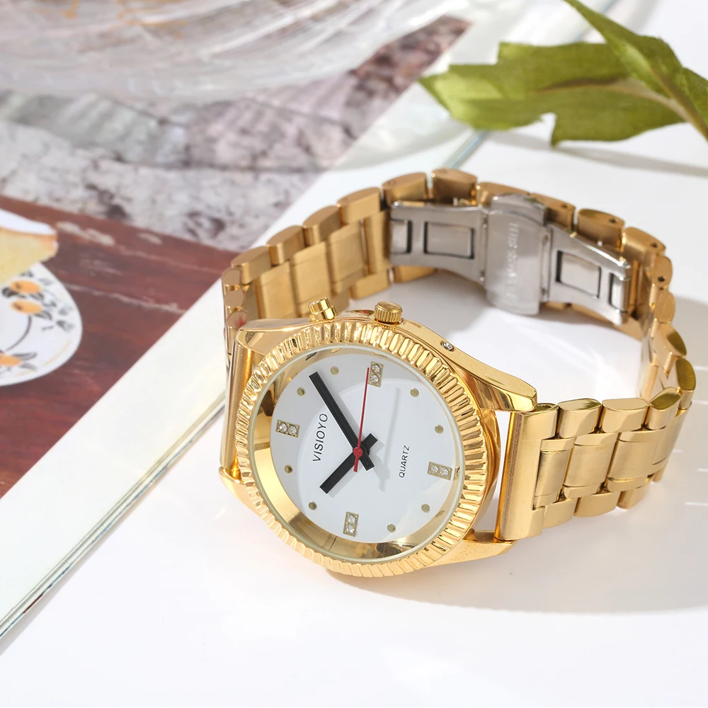 French Talking Watch with Alarm Function, Talking Date and time, White Dial, Folding Clasp, Golden Case TAG-801