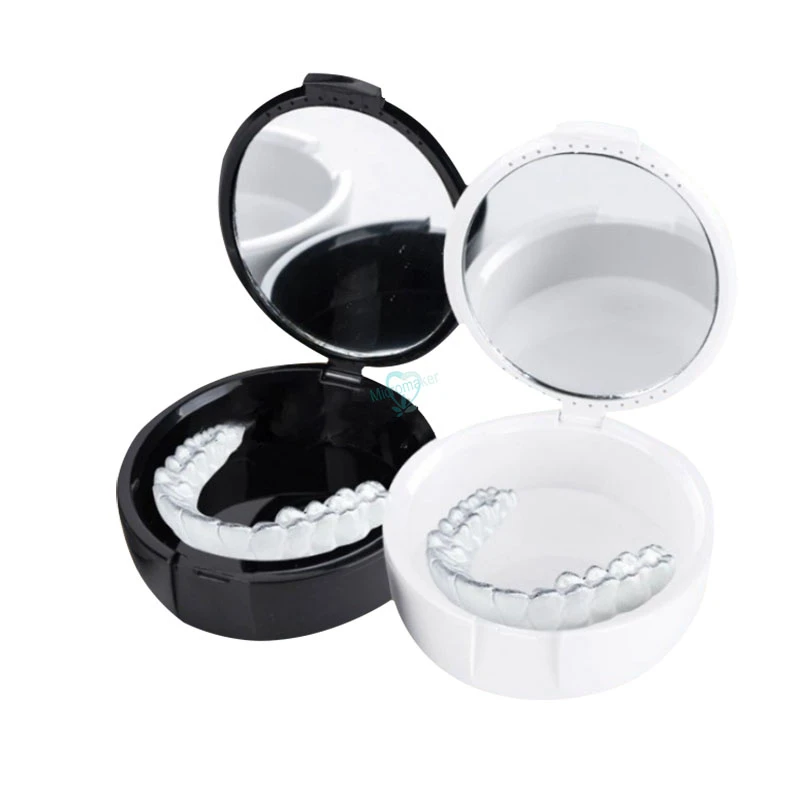 2pcs Dental Denture Storage Case With Mirror Orthodontic Retainer Mouthguard Box For Dental Lab Teeth Whitening