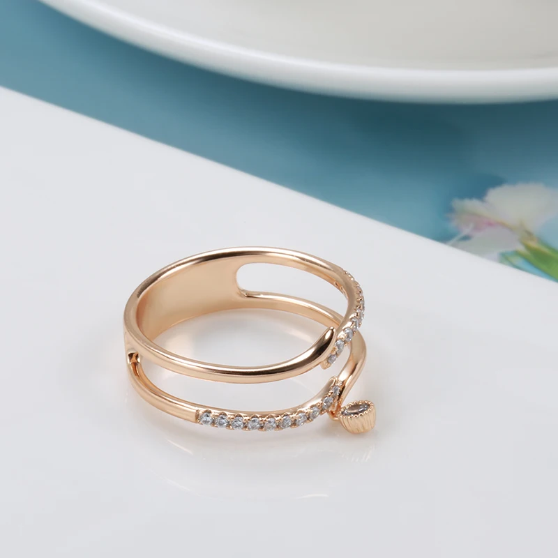 Kinel Hot 585 Rose Gold Ring Fashion Wedding Jewelry 2021 Micro Wax Inlay Natural Zircon Geometry Ring Women Fine Jewelry