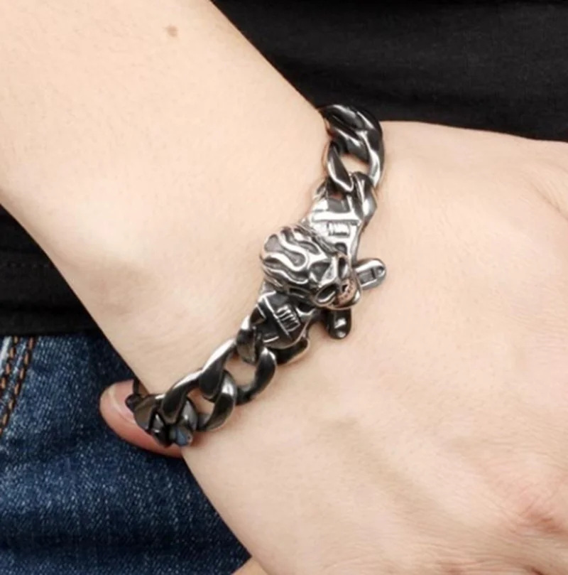 Personality Punk Skull Stainless Steel Bracelet Big Heavy Men Bracelet Biker Jewelry