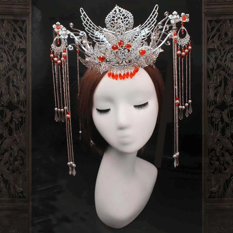 DIY Material Package Chinese Style Wedding Phoenix Crown Bride Headpiece Traditional Coronet Long Tassel Tiaras Do It Yourself