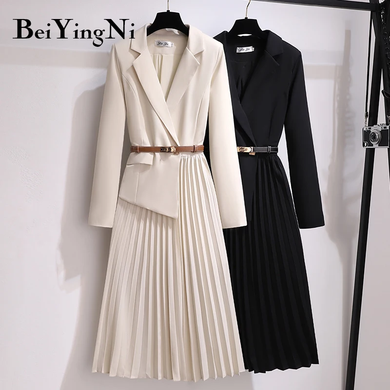 

Beiyingni Dres Women With Belt Elegant Work Wear V-neck Office Ladies Pleated Long Sleeve Suit Dresses Luxury Oversized Vestidos