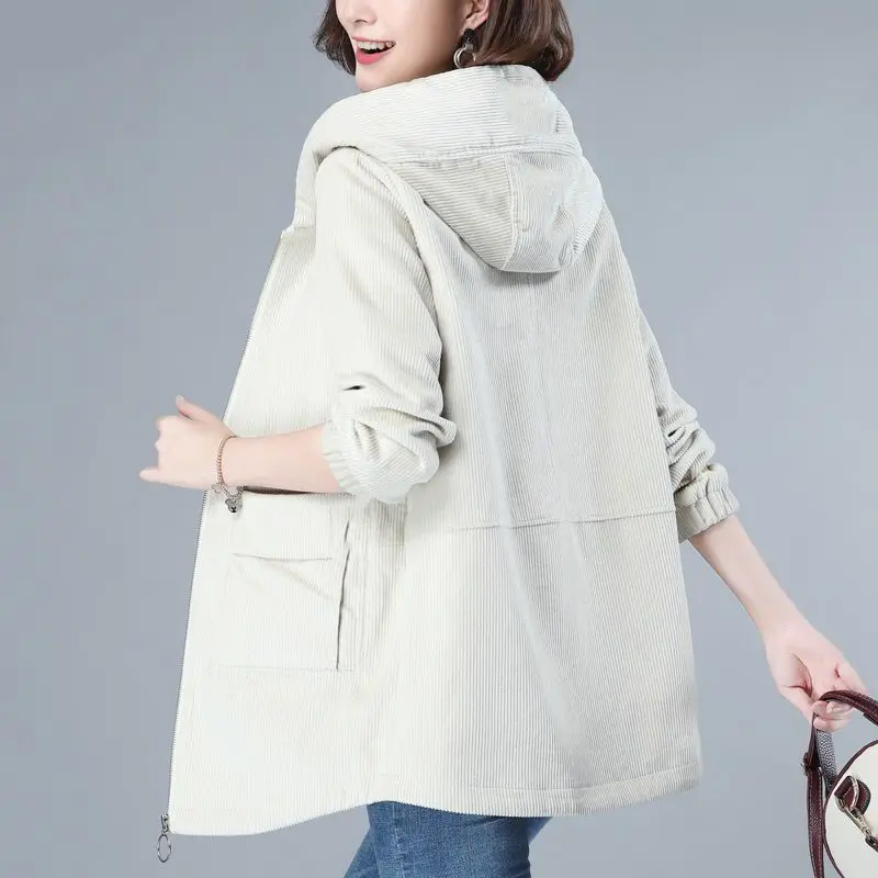 Hooded Corduroy Jacket Women 2024 New Spring Autumn Korean Loose Outwear Middle-aged mother Female Casual Windbreaker Outwear