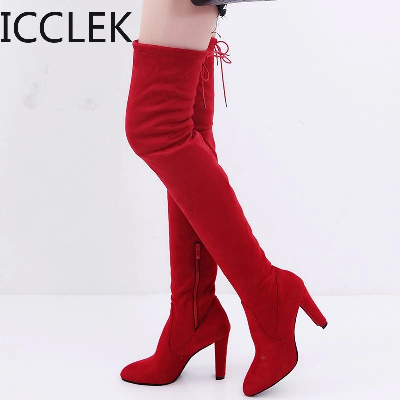 2021 Fashion Stretch Fabric Sock Boots Over-the-Knee Heel Thigh High Pointed Toe Woman Plus Size 35-43 High Heels Boot