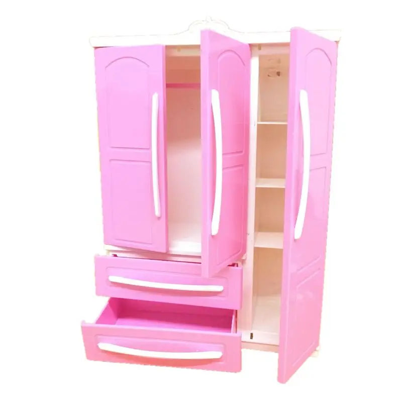 Three-door Pink Modern Wardrobe Play set for Barbi Furniture Can Put Shoes