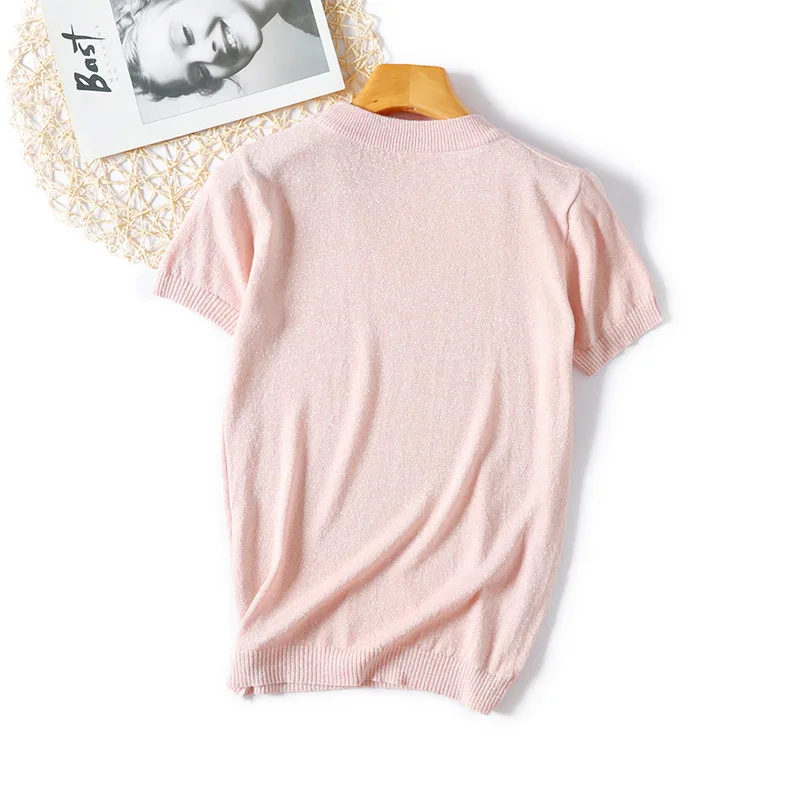 Suéter brillante de Lurex para mujer, jersey básico de manga corta con cuello redondo, Tops finos de punto de estilo coreano, 2021