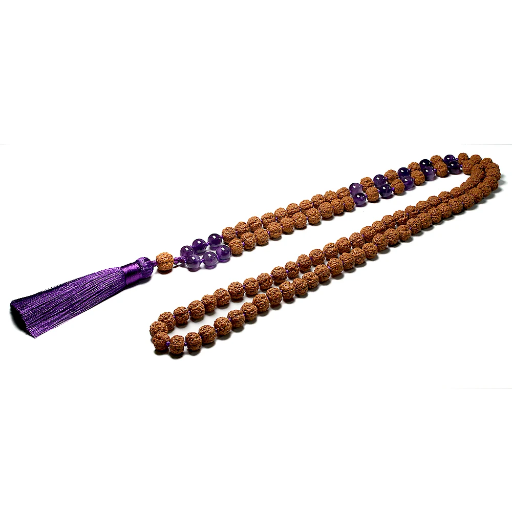 Natural Rudraksha 108 Japamala Necklaces Sets Knotted Amethyst Yoga Meditation Mala Necklace For Women Buddha With Tassel Zen