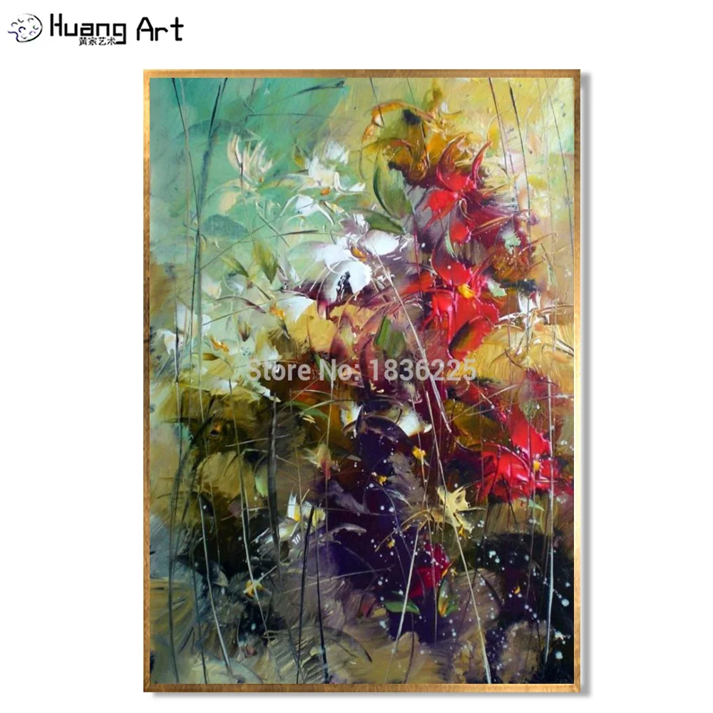 Free Shipping Hand-Painted Flower Oil Painting On Canvas Wall Art Paintings For Living Room Decor Green Knife Flower Paintings