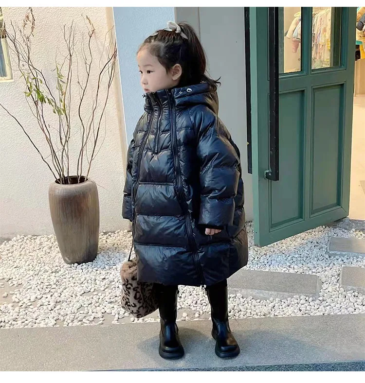 Korea Style Loose Down Jacket Children Double Zipper Long White Duck Down Outfit Baby Girl And Boys Parka Down Jacket 4-12Y w496