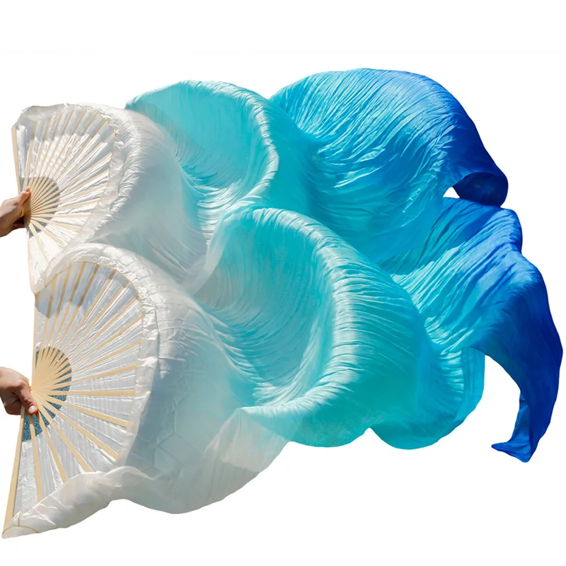 Veli di seta reale al 100% di alta vendita 1 paio di donne fatte a mano di seta di qualità danza del ventre Fan danza blu turchese bianco 180*90 cm