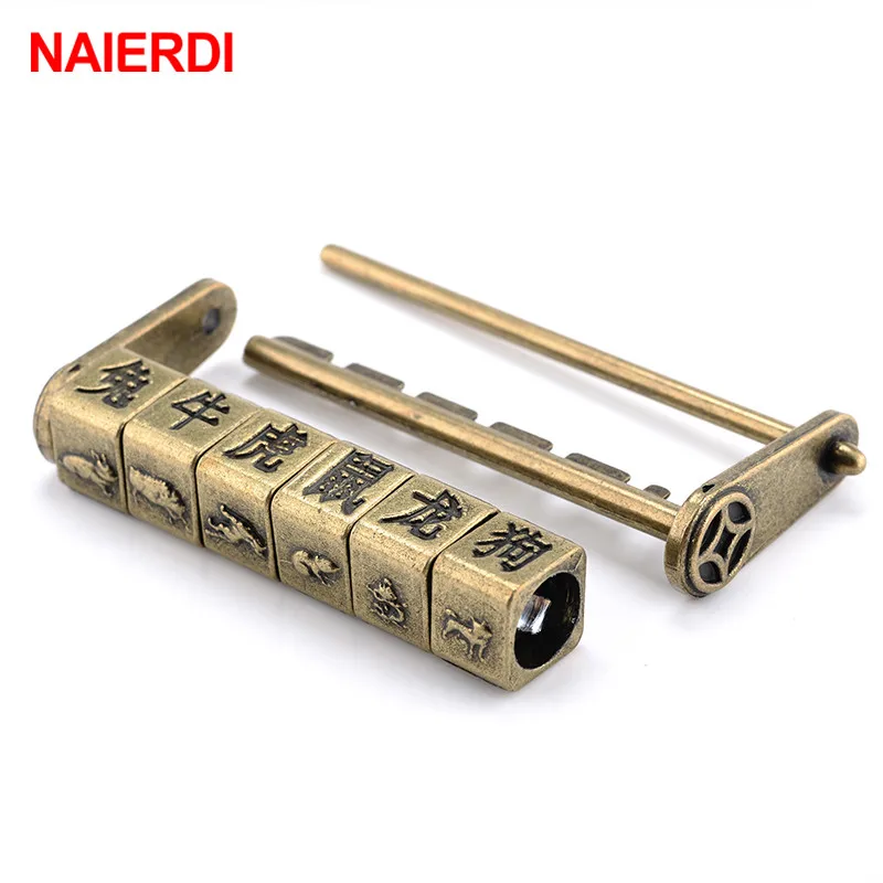 NAIERDI Chinese Vintage AntiqueLock Bronze Keyed Padlock Retro Combination Password Lock 90*37mm Zinc Alloy Jewelry Box Padlock