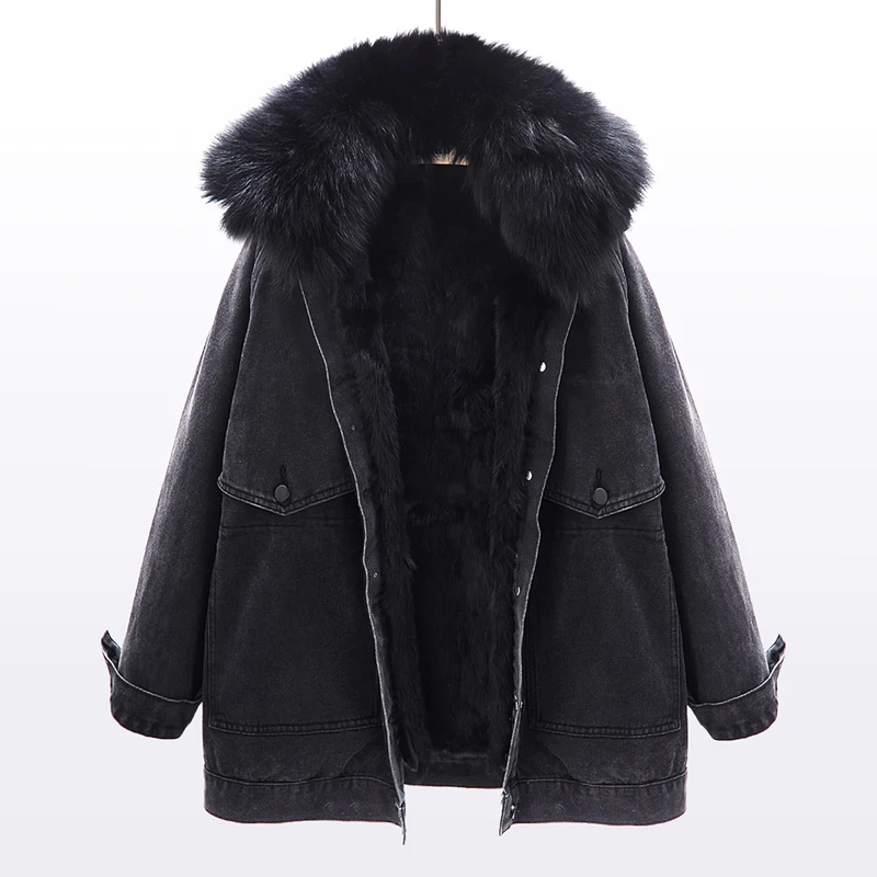 Natural Fox Fur Collar Removable Rabbit Fur Denim Jacket Coat Women Loose Winter Thick Warm Black Big Pocket Jeans Jacket Female