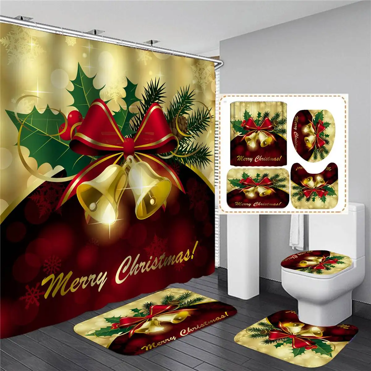 Cortina de chuveiro de natal feliz conjunto de banheiro de papai noel boneco de neve sino padrão cortinas de banho antiderrapante capa de vaso sanitário tapete de chão