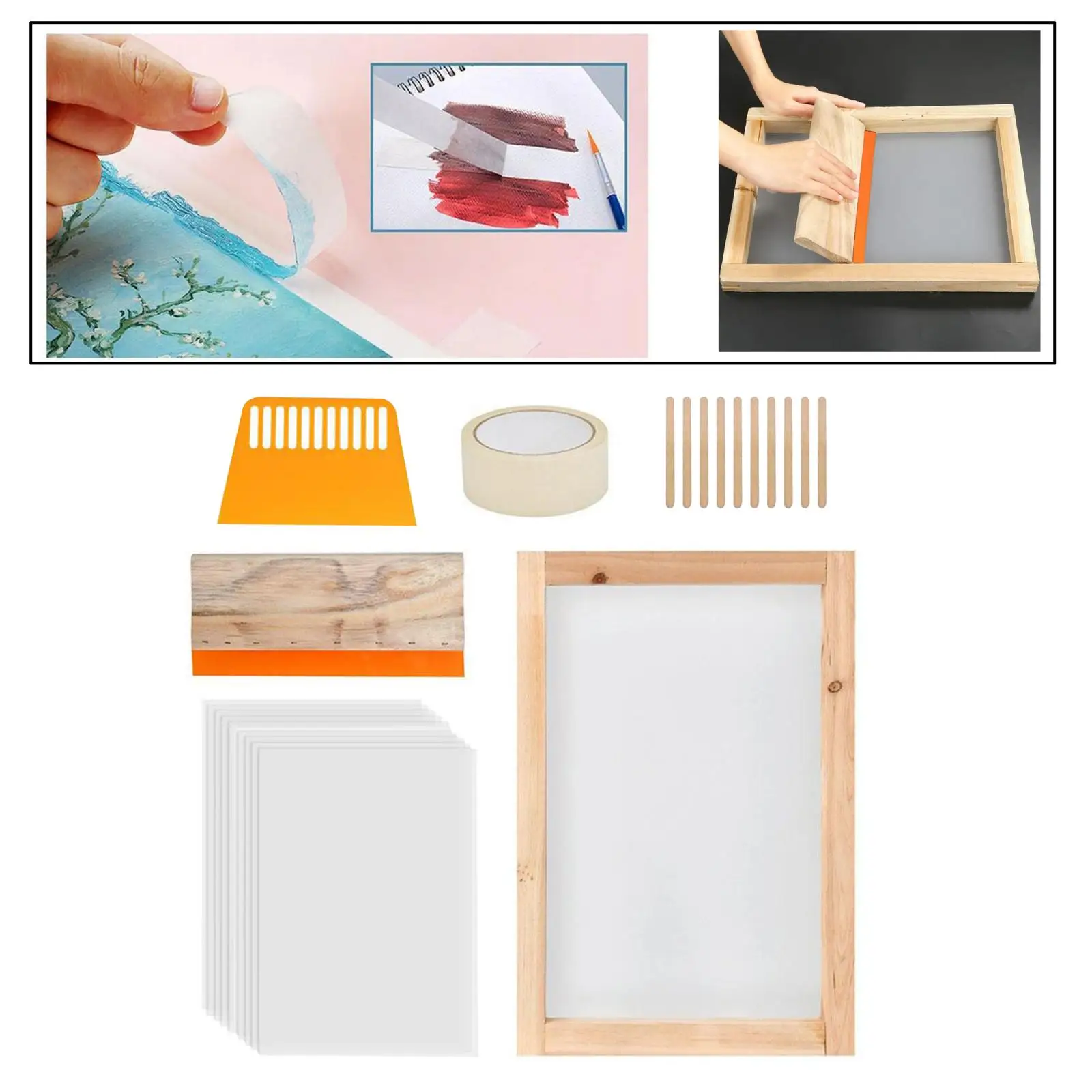 Screen Printing Starter Kit/Wood Silk Screen Printing Frame/Screen Printing Squeegees/Inkjet Transparency Film and Mask Tape