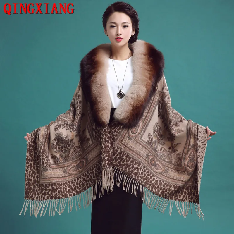 Luxury Warm Tassel 180*65 Rectangle Wrap Winter Cloak Fashion Real Fox Fur Neck Shawl Wool Cashmere Outstreet Printed Cape Coat