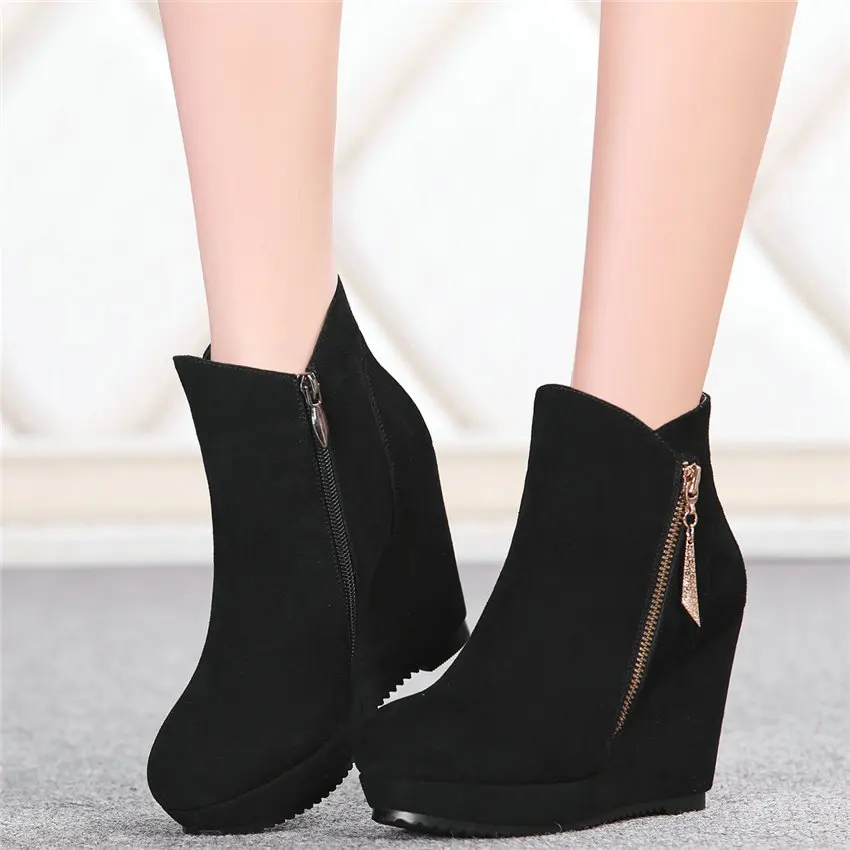 2024 Black Shoes Women Cow Suede Leather High Heel Ankle Boots Platform Wedges Party Pumps Punk Goth Trainers Lady Casual Shoes