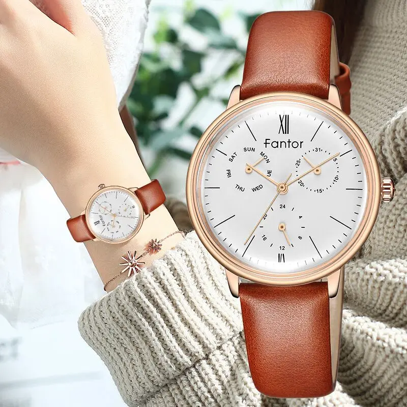 Fantor Luxury Brand Woman Watch Leather Chronograph Quartz Wristwatches Ladies Waterproof Watches Female Clock Party of The Gift