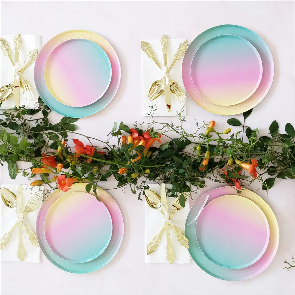 Iridescent Birthday Party Tableware Environmental Paper Dinnerware Disposable Cups Plates Girls Baby Birthdays Parties Decorate