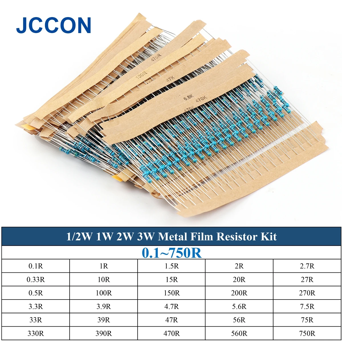 300Pcs 1W 0.1~750R Metal Film Resistor Assorted Kit 30Values x 10Pcs=300Pcs Sample Kit Color Ring Resistance 0.1R 1R 2R