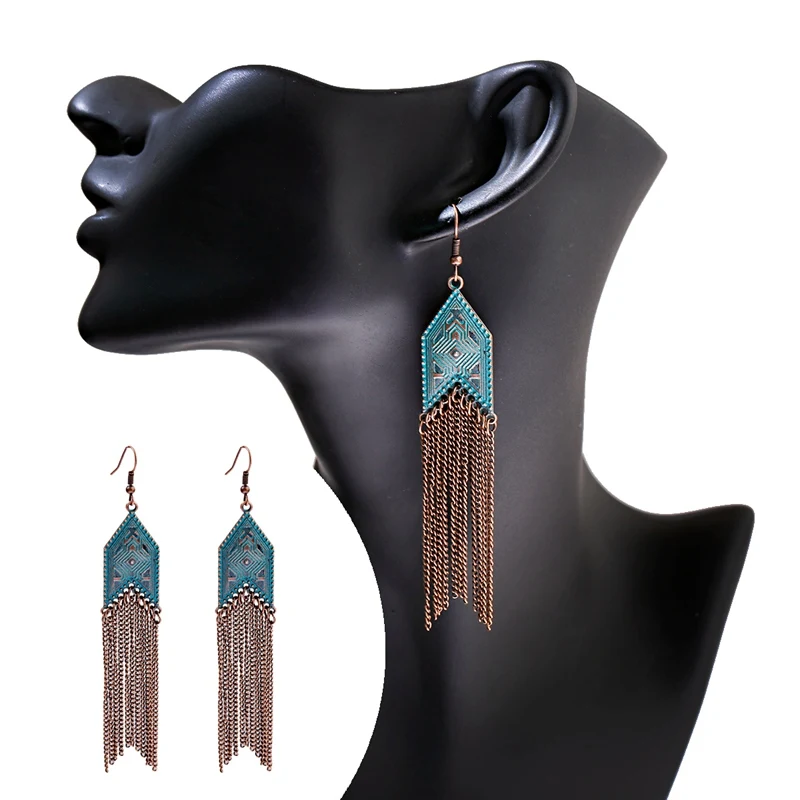 Women\'s Tassel Dangle Earrings Rhombus Alloy Long Chain Bohemia Earrings Jhumka Earrings Orecchini Etnici