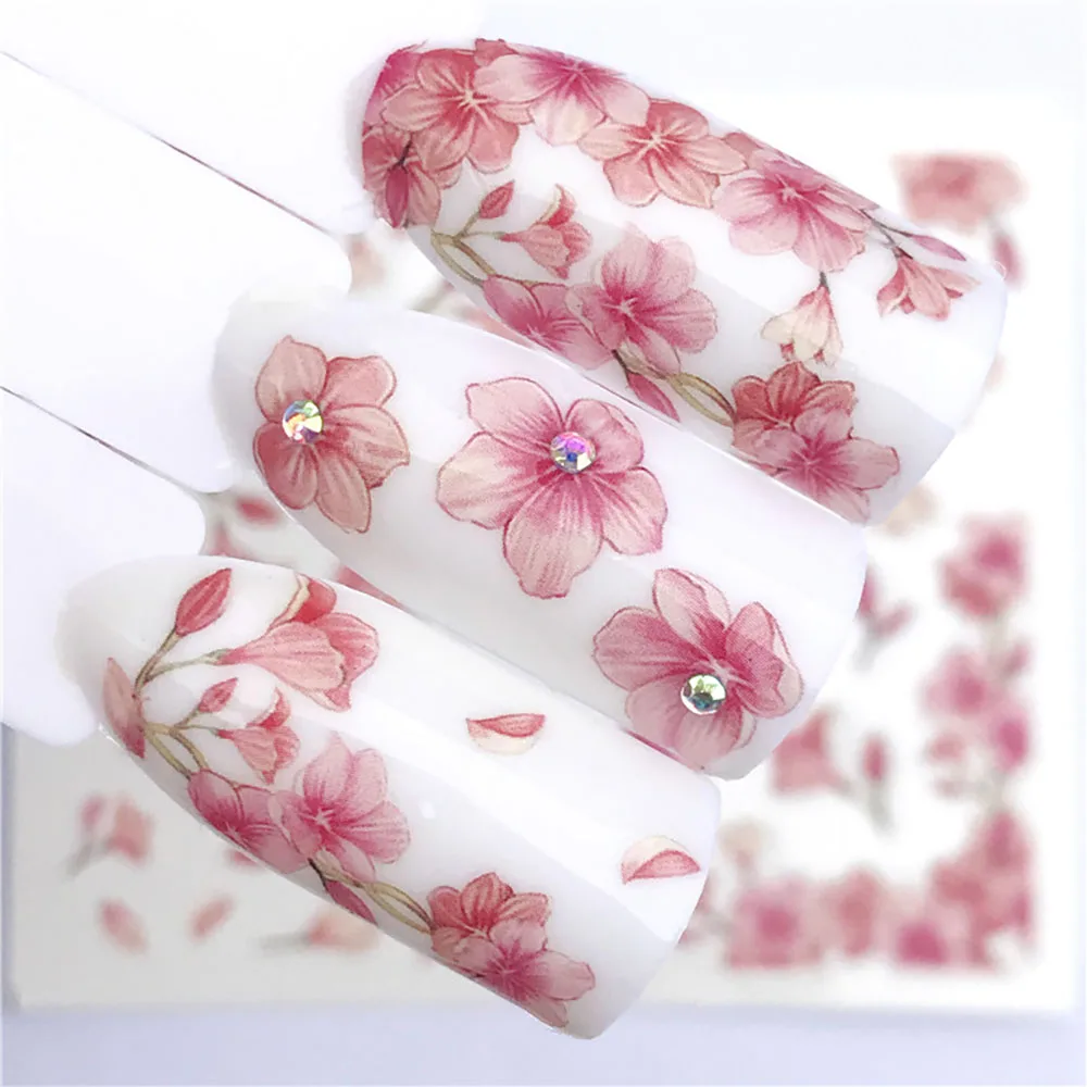 Colourful Flowers Nail Stickers Cherry Blossoms Water Decals 3d Nail Sticker Flamingo Animal Retro Rose Butterfly Watermark