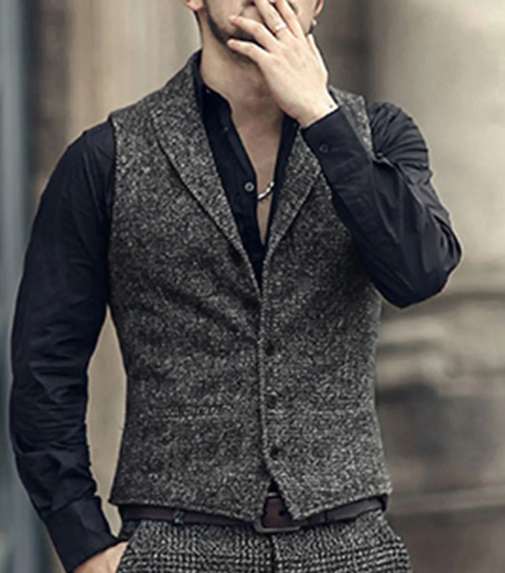 Men\'s Classic Suit Vest Herringbone Pattern Business Waistcoat Notch Lapel Wool Tweed Groomsmen Waistcoat For Wedding