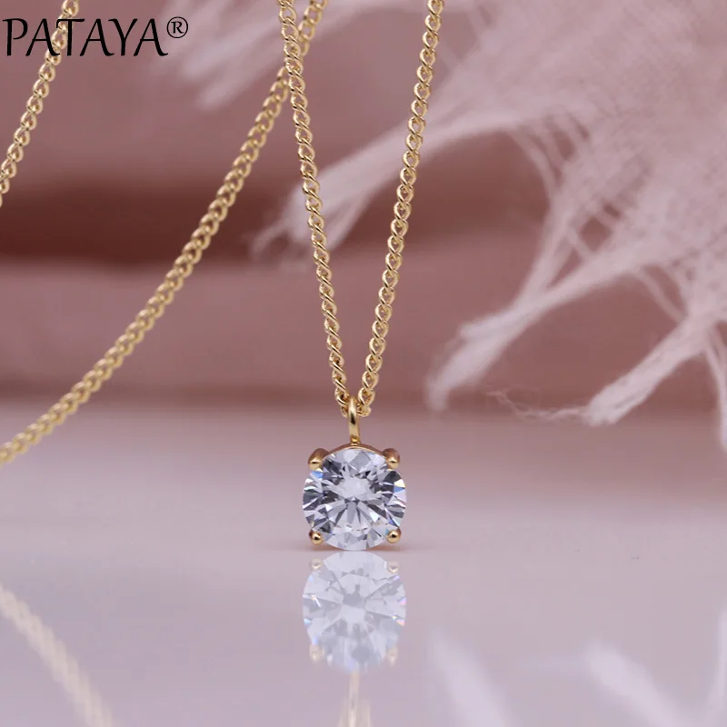 PATAYA New Simple White Round Long Necklaces 585 Rose Gold Color Pendants Women Natural Zircon Cute Engagement Fashion Jewelry