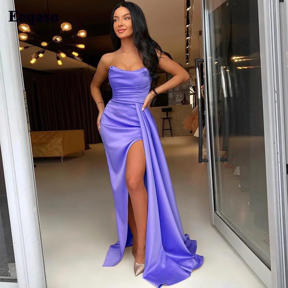 

Eeqasn Mermaid Lavender Evening Dresses 2021 High Side Slit Fish Tail Prom Gowns Pleats Strapless Long Women Party Formal Dress