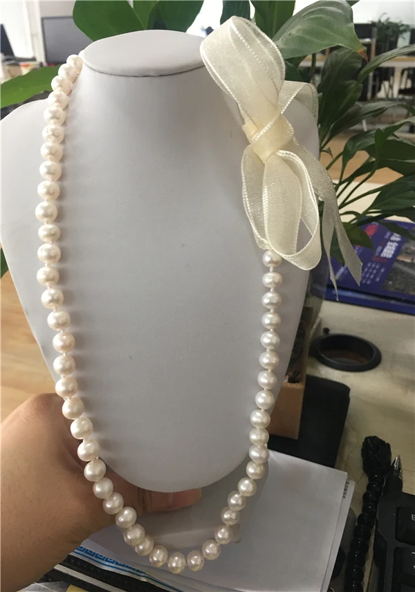 HABITOO 9-10mm White Cultured Freshwater Pearl Bundled Ribbon Design Elegant Necklace Jewelry 24inchs