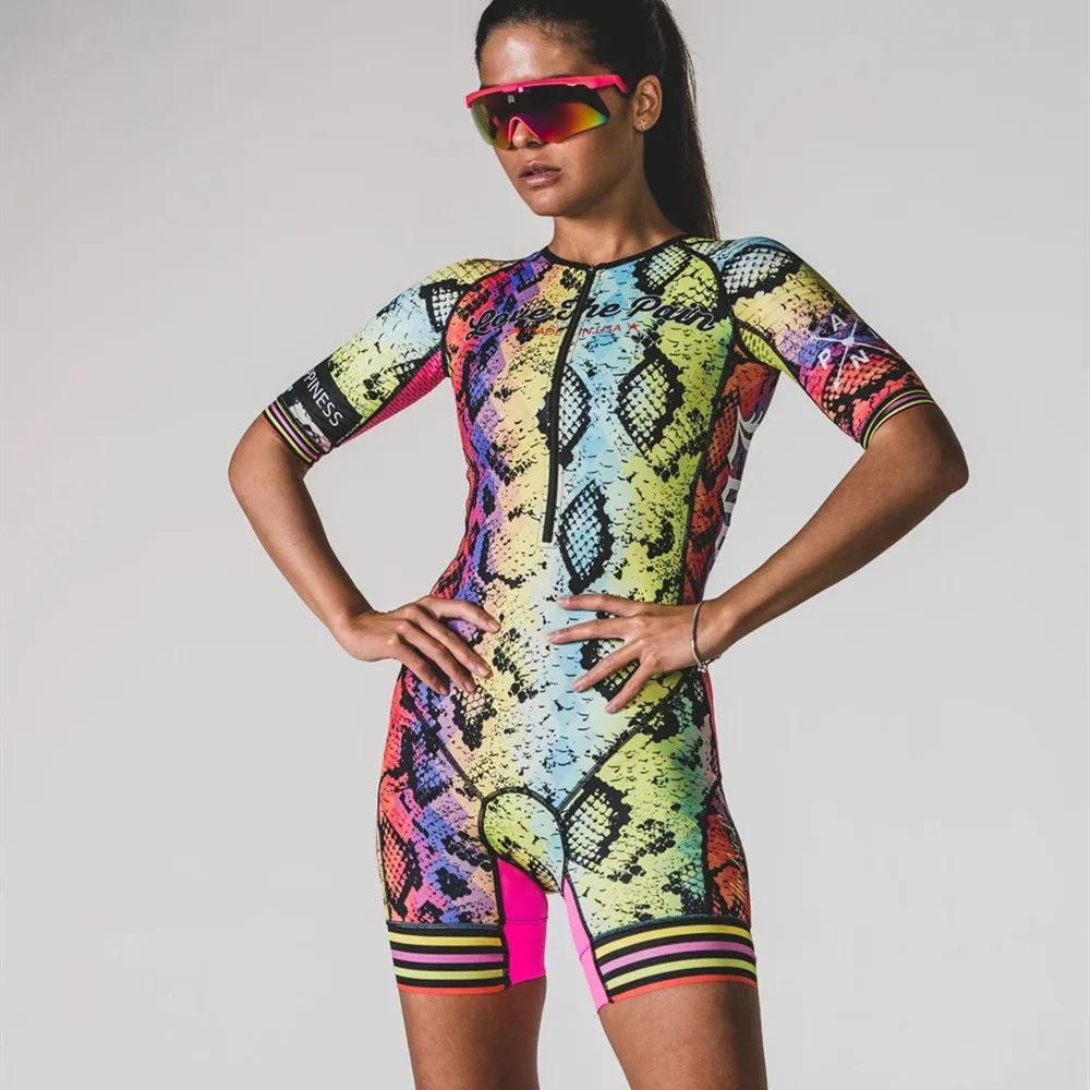 LOVE THE PAIN Women Short Sleeve Cycling Skinsuit Triathlon Suit MTB Bike Clothing Swimwear Running Bodysuit Jumpsuit Ciclismo