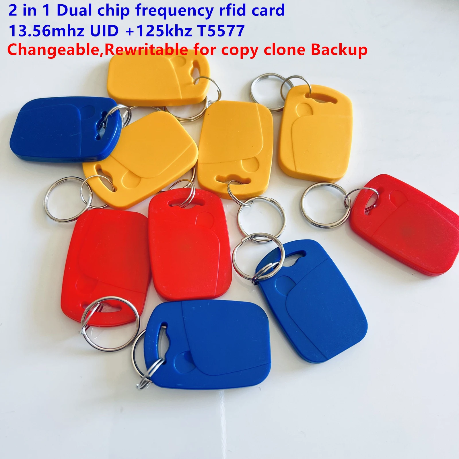 Rfid 13.56mhz 1k uid variável e t5577 125khz, chip duplo, frequência ic/id, etiqueta de chave, leível, gravável, reescrita para cópia, clone, backup