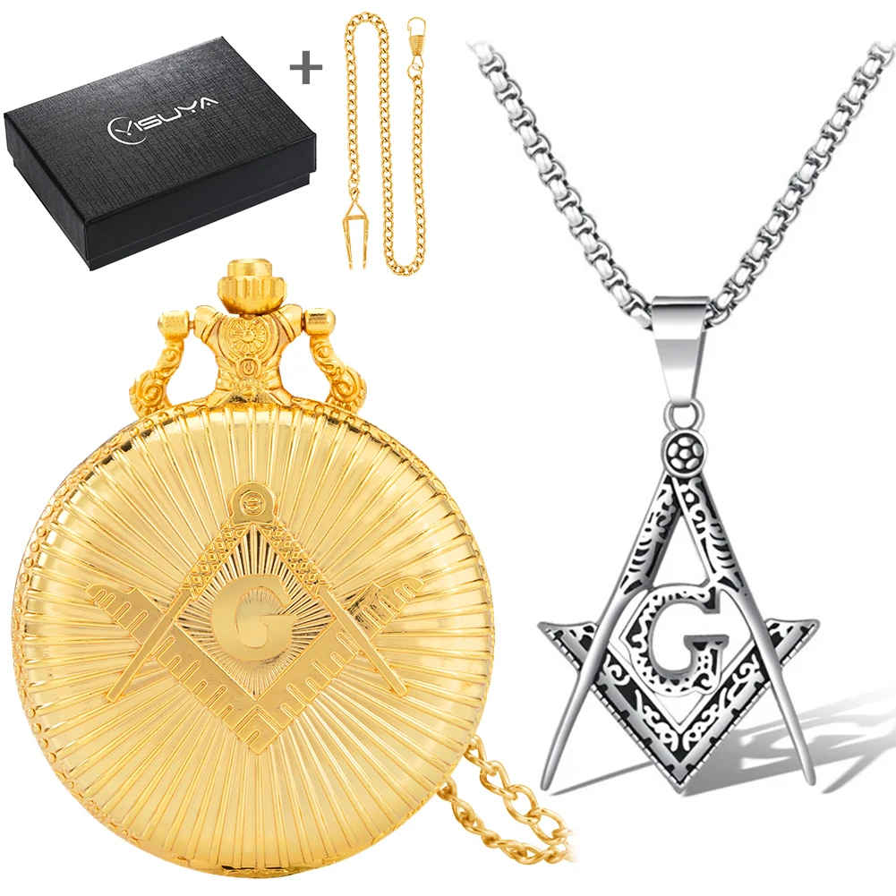 Relógio de bolso masonic ouro conjunto relógio de bolso pingente de quartzo do homem moda colar presentes perfeitos com caixa para o namorado pai