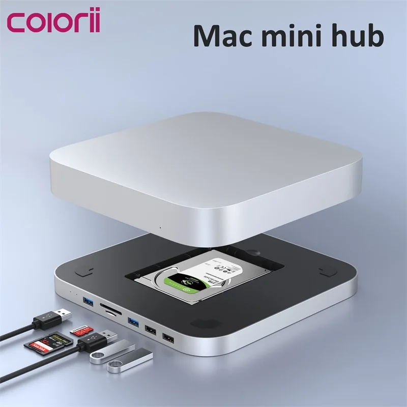 Colorii USB C Hub for Mac mini M1/M2 with HDD Enclosure 2.5 SATA NVME M.2 SSD HDD Case to USB C Gen 2 SD/TF docking station