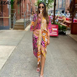 XEASY kobiety nadruk w stylu Vintage talia elastyczna przednia szczelina Midi sukienka kobieta frezowanie V Neck drapowana Ruched szata panie Kimono sukienki